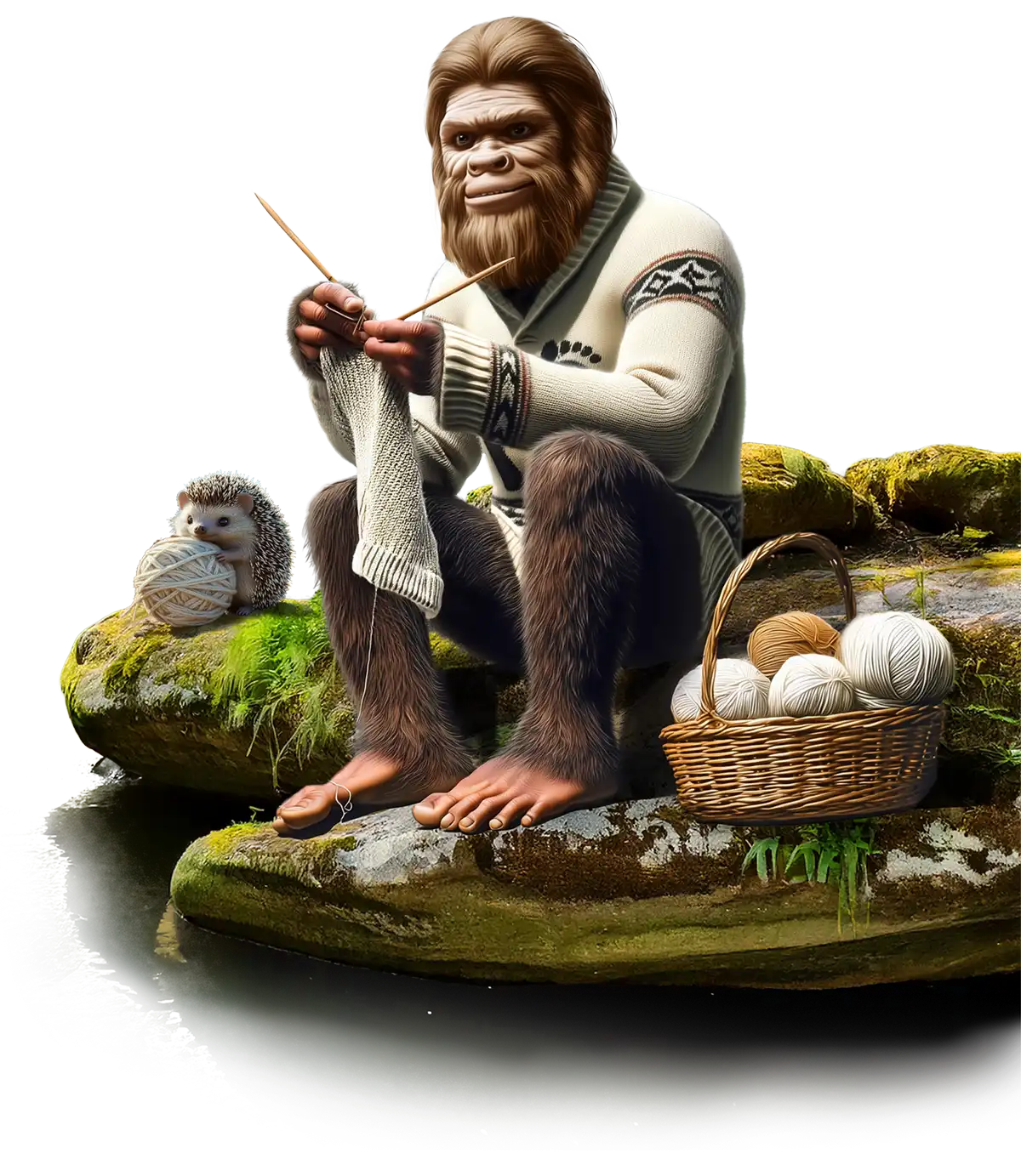 Bigfoot knitting peacefully on rocks near water