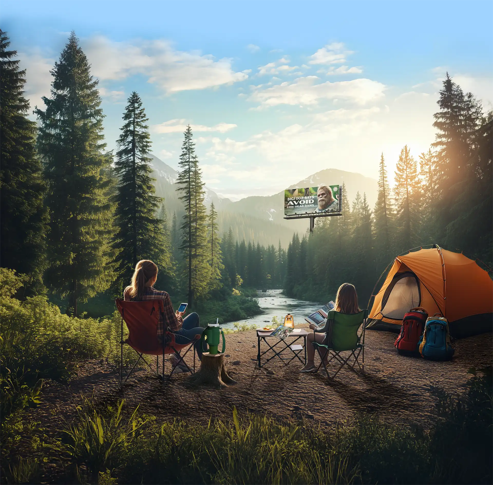 Scenic camping illustration showing a peaceful outdoor setting with tents and nature