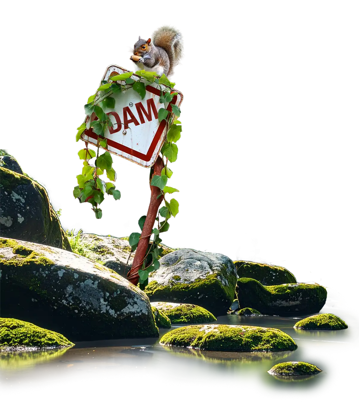 Squirrel on a dam warning sign surrounded by foliage