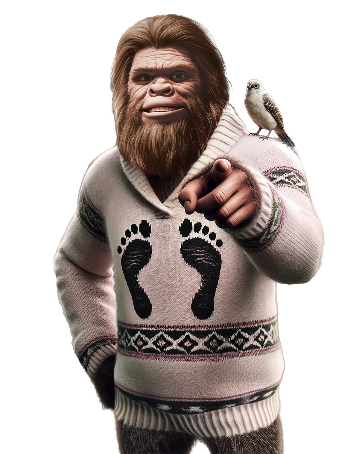 Bigfoot character wearing a sweater with footprints and holding a bird