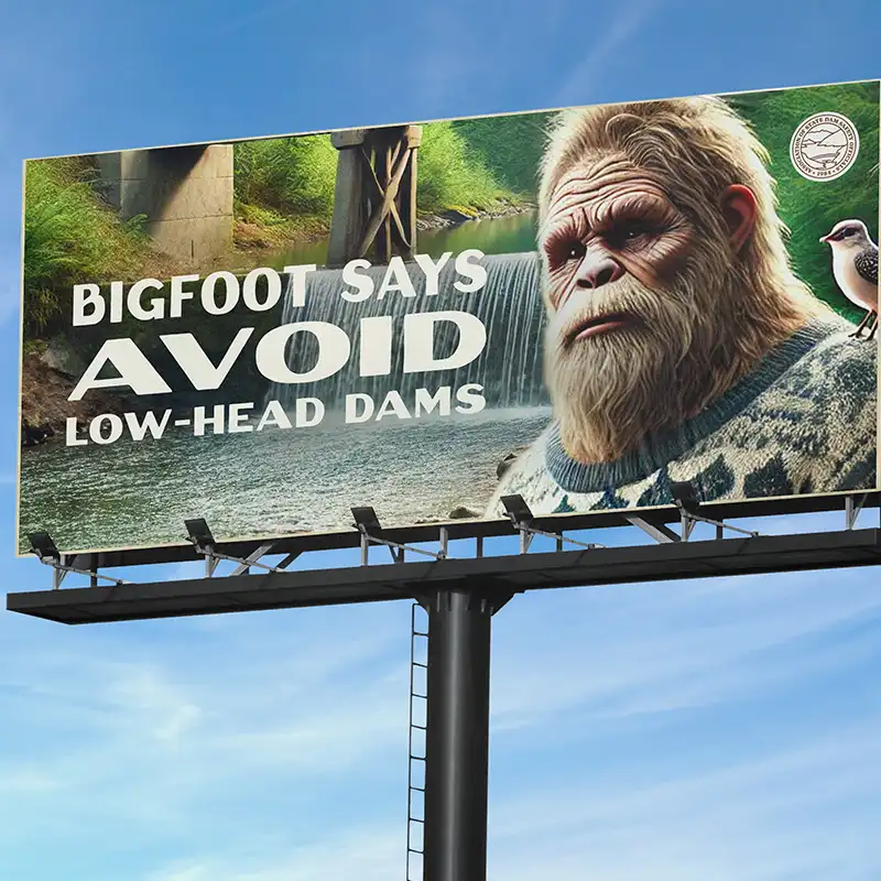 Billboard advertisement featuring Bigfoot promoting dam safety awareness