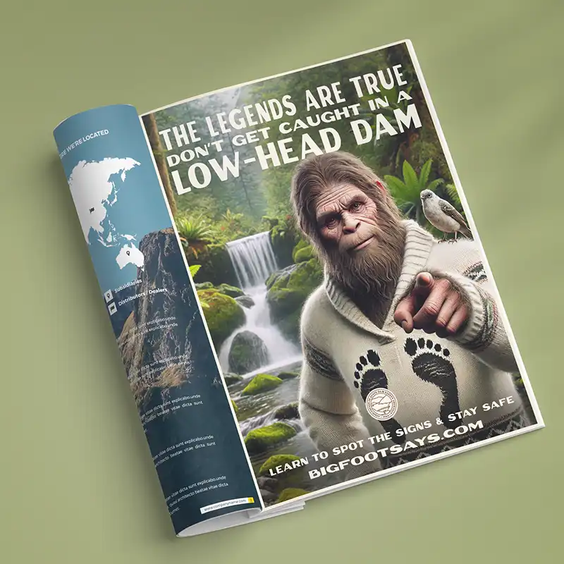 Magazine advertisement featuring Bigfoot and dam safety messaging