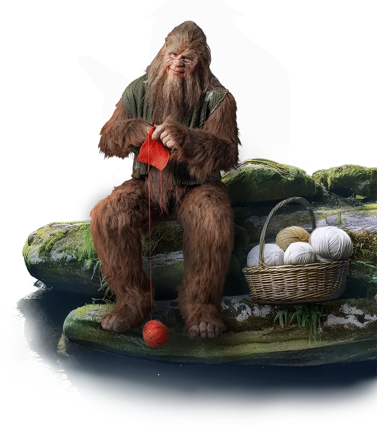 Bigfoot knitting peacefully on rocks near water