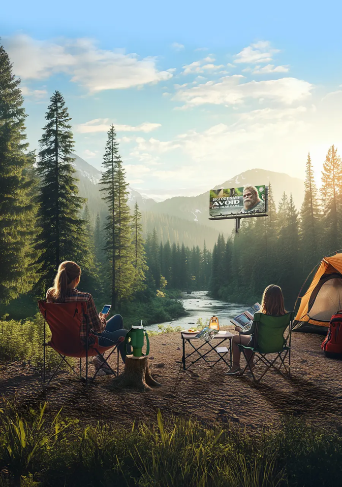 Scenic camping illustration showing a peaceful outdoor setting with tents and nature