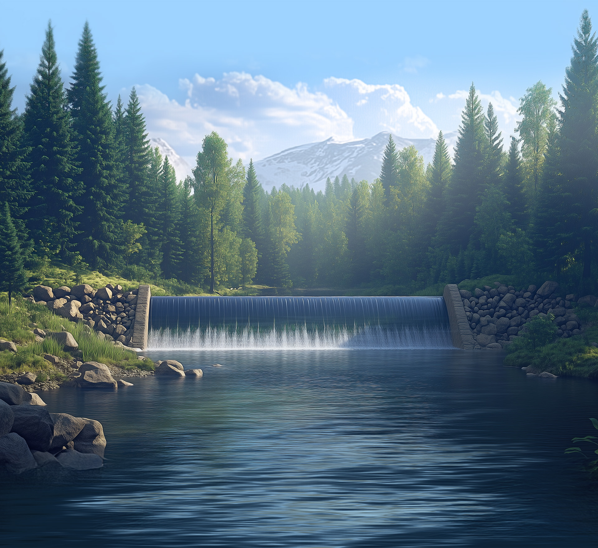 Image of a low-head dam with a mountain in the background and blue sky