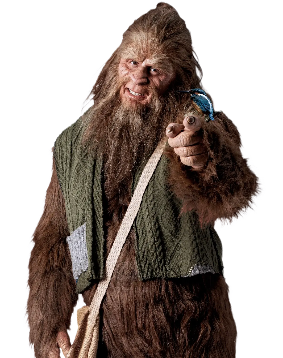 Bigfoot wearing a knitted vest, pointing forward with a kingfisher perched on his hand