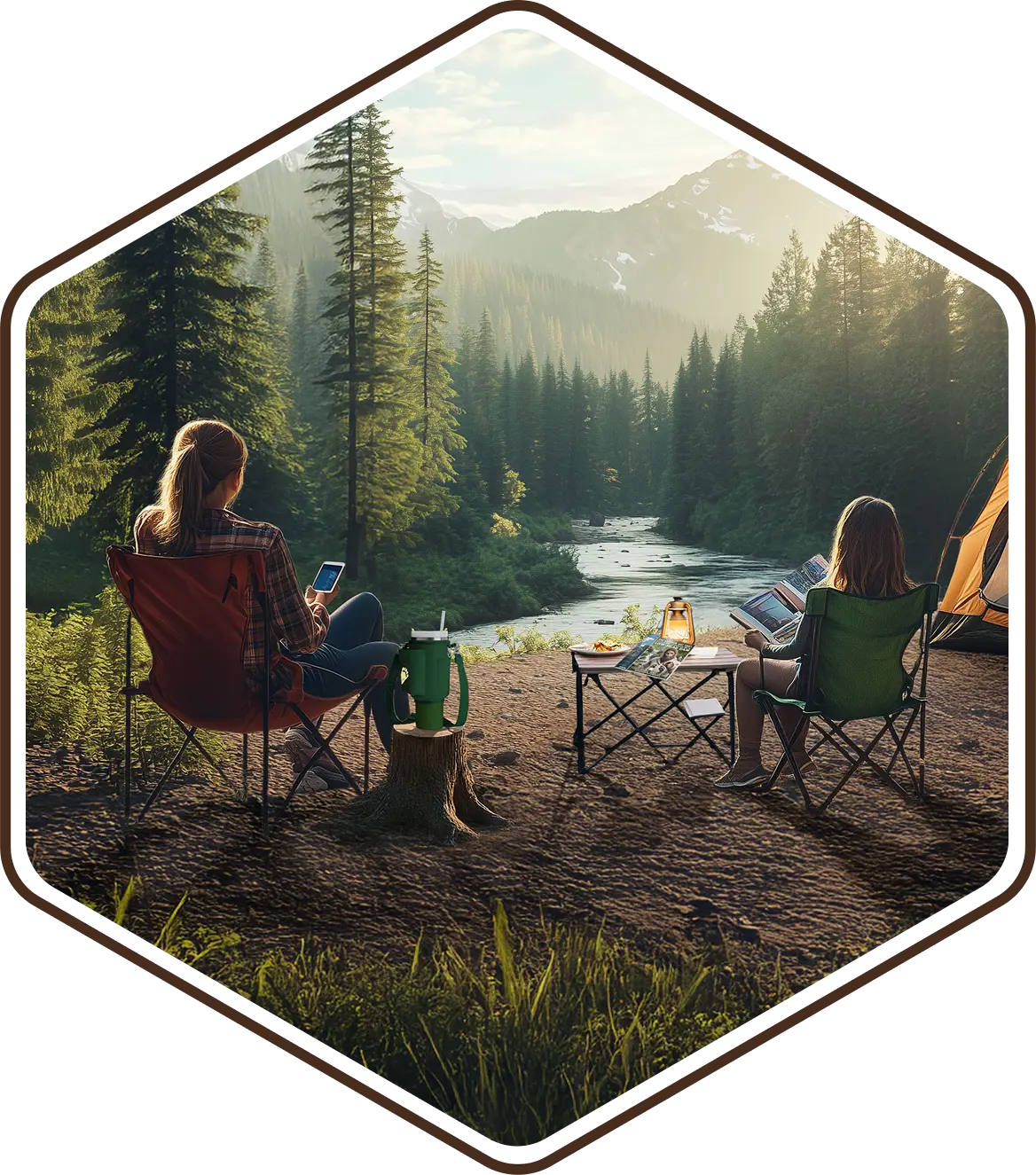 Two people enjoying the outdoors at a camp site by a river in the mountains