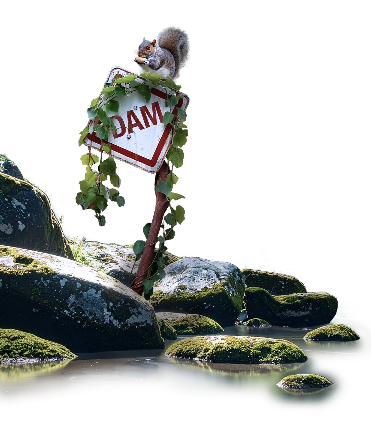 Squirrel on a dam warning sign surrounded by foliage