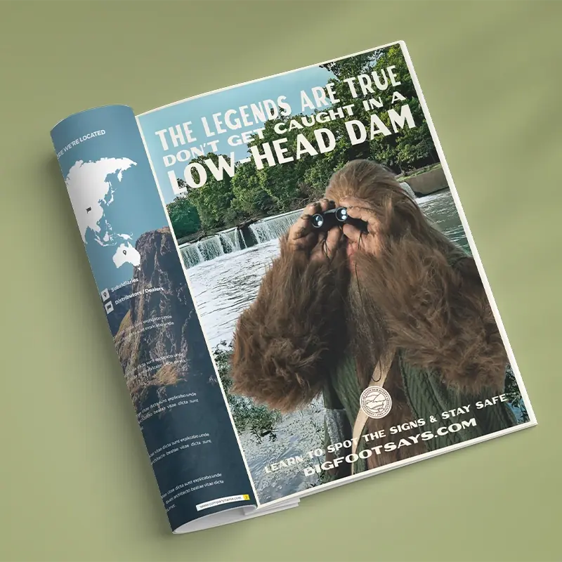 Magazine advertisement featuring Bigfoot and dam safety messaging